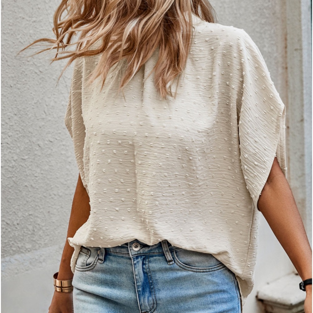 Boho Swiss Dot Batwing Sleeve Mock Neck Tie Back Top Blouse Shirt - Picture 4 of 10